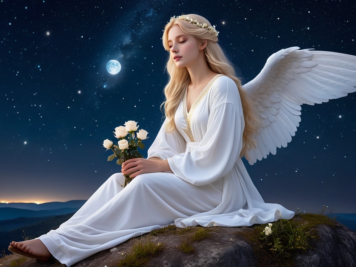 Serene angel on rocky ledge under starry night sky