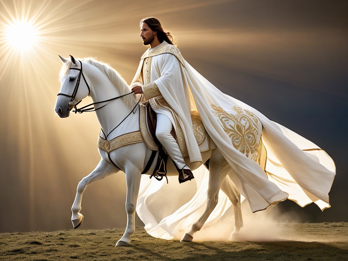 Majestic figure on white horse with radiant background