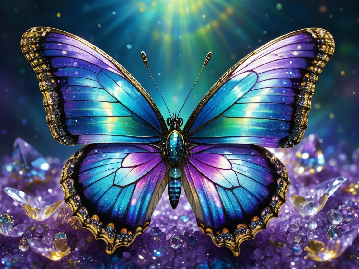 Iridescent Butterfly on Colorful Gem Bed