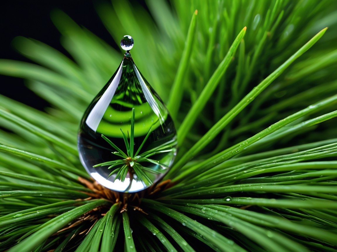 Close-Up of Pine Needle with Water Droplet Reflection