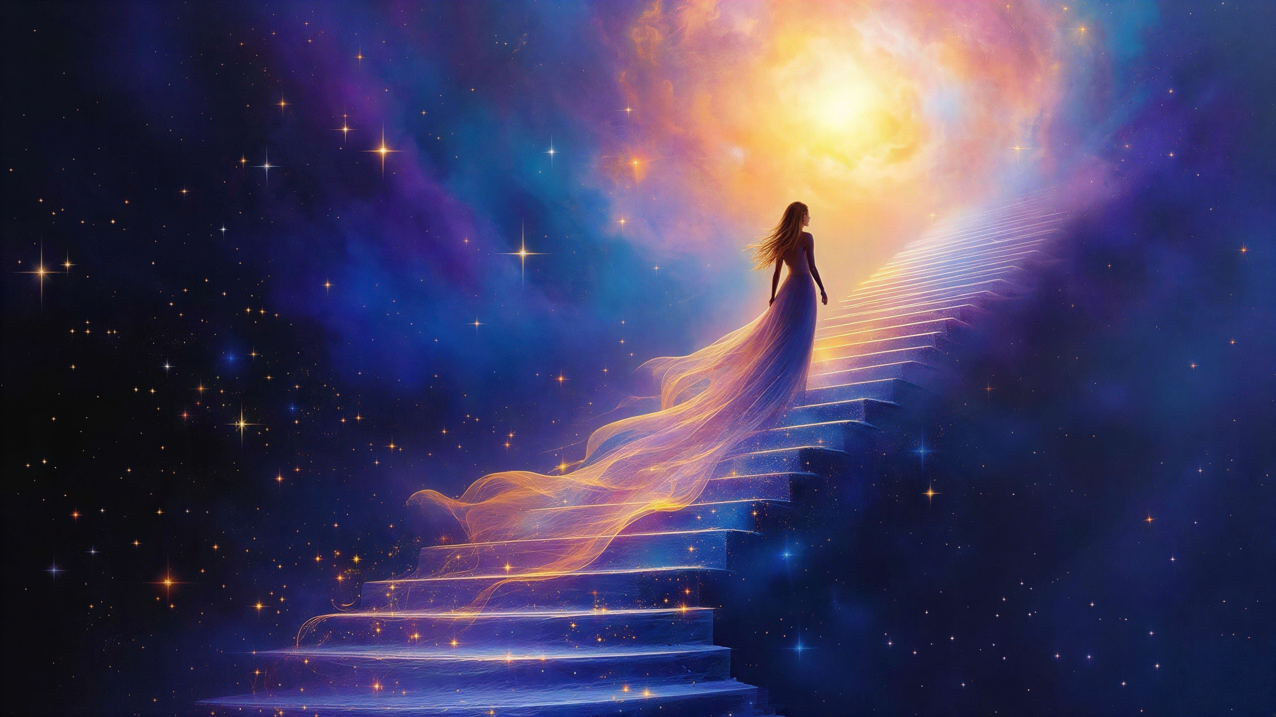 Woman in flowing dress ascending a luminous staircase