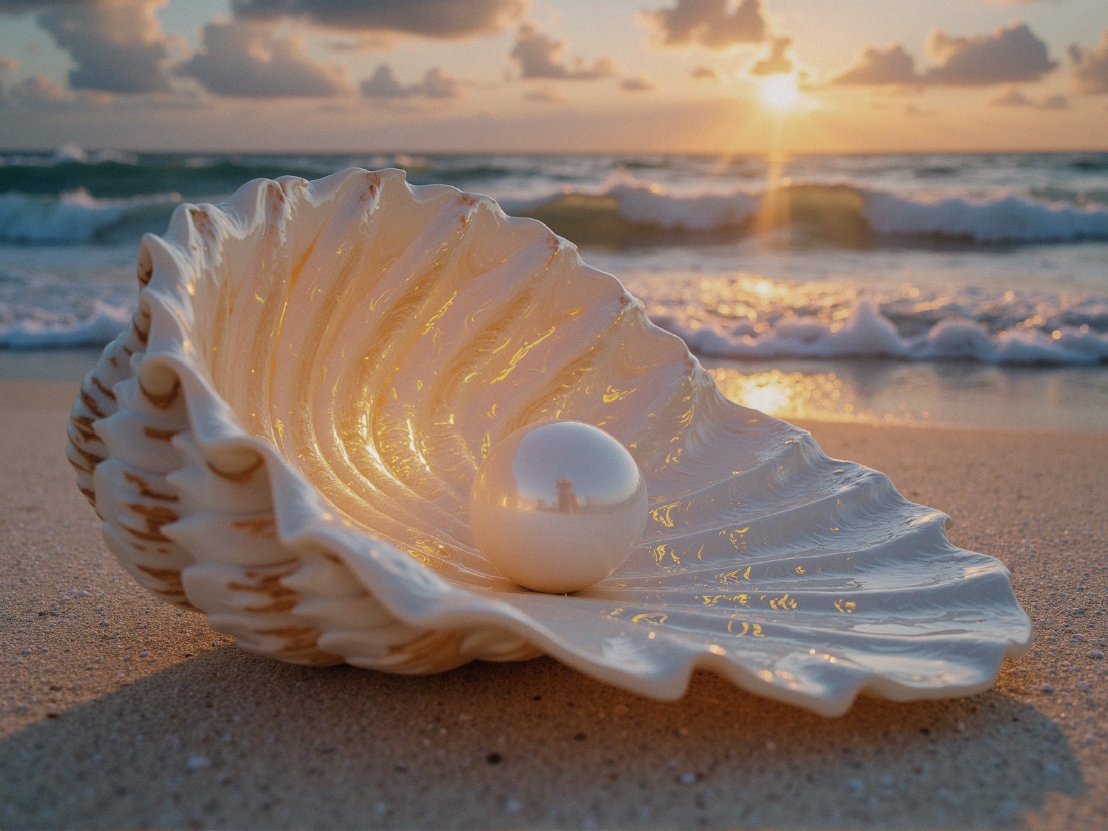 White Pearl in Seashell on Sandy Beach at Sunset