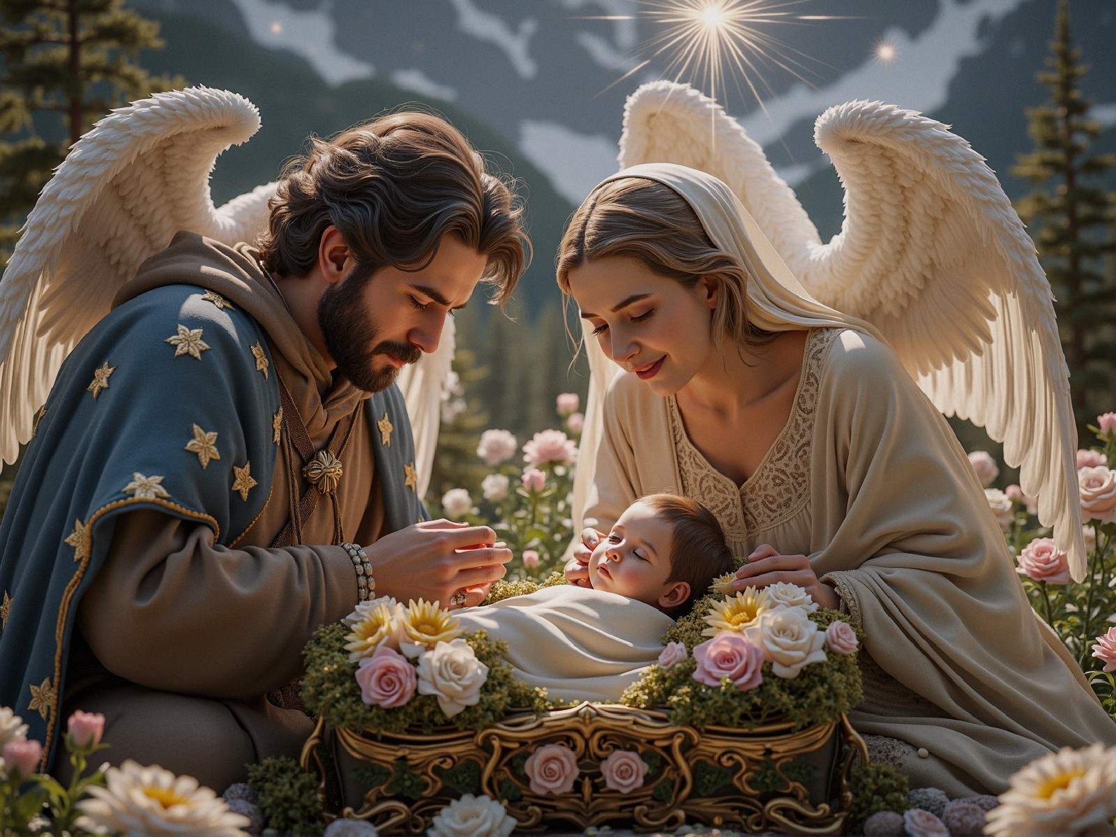 Angels in a Rose-filled Field with a Sleeping Baby