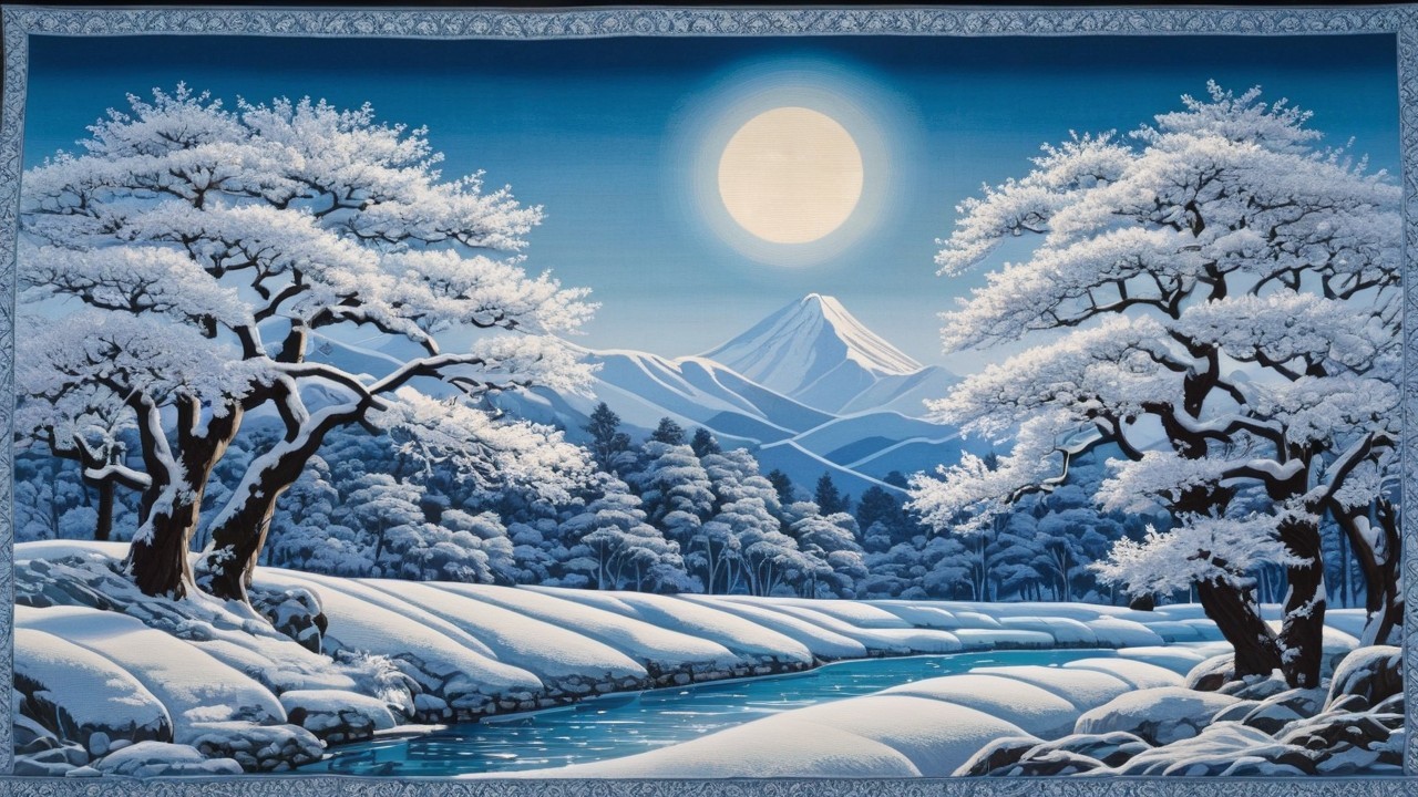 Panoramic Winter Landscape with Full Moon and Mountains