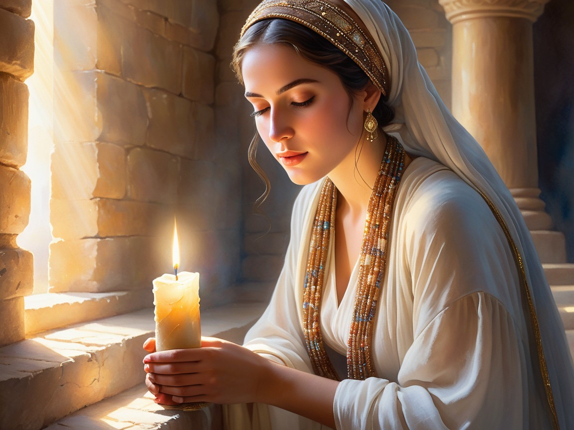 Young Woman in White Robes in a Stone Chamber