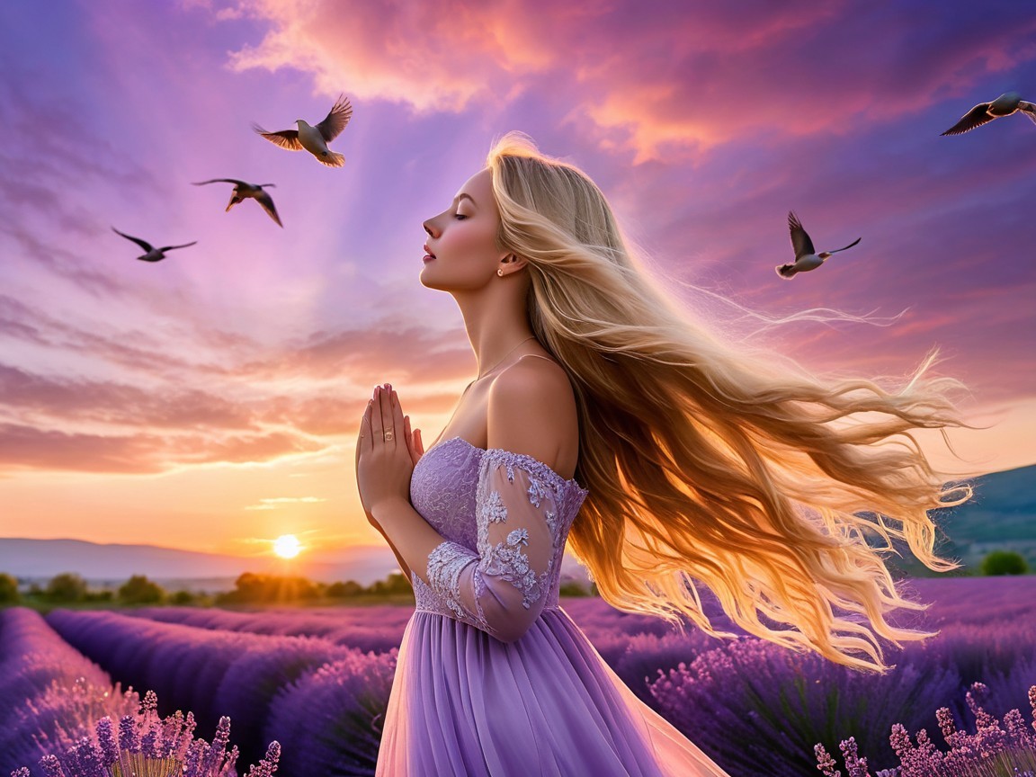 Serene Lavender Field at Sunset with a Young Woman