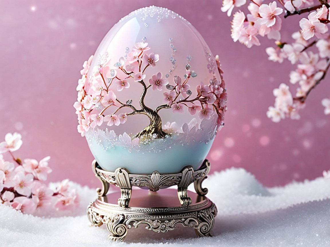 Ornate egg with cherry blossom designs on silver stand