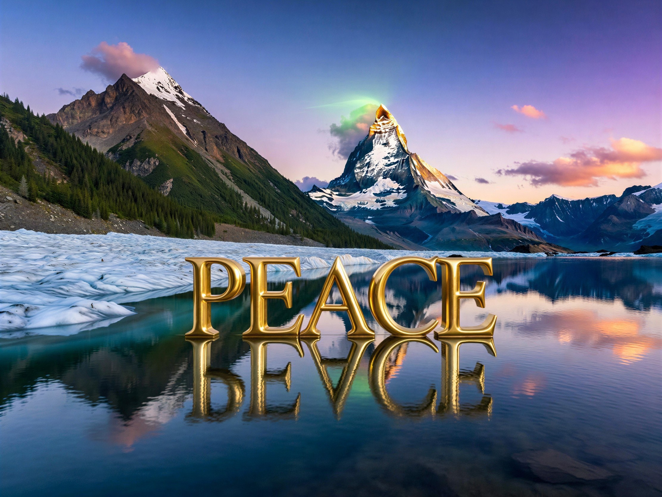 Golden "PEACE" Reflection in a Calm Blue Lake Scene