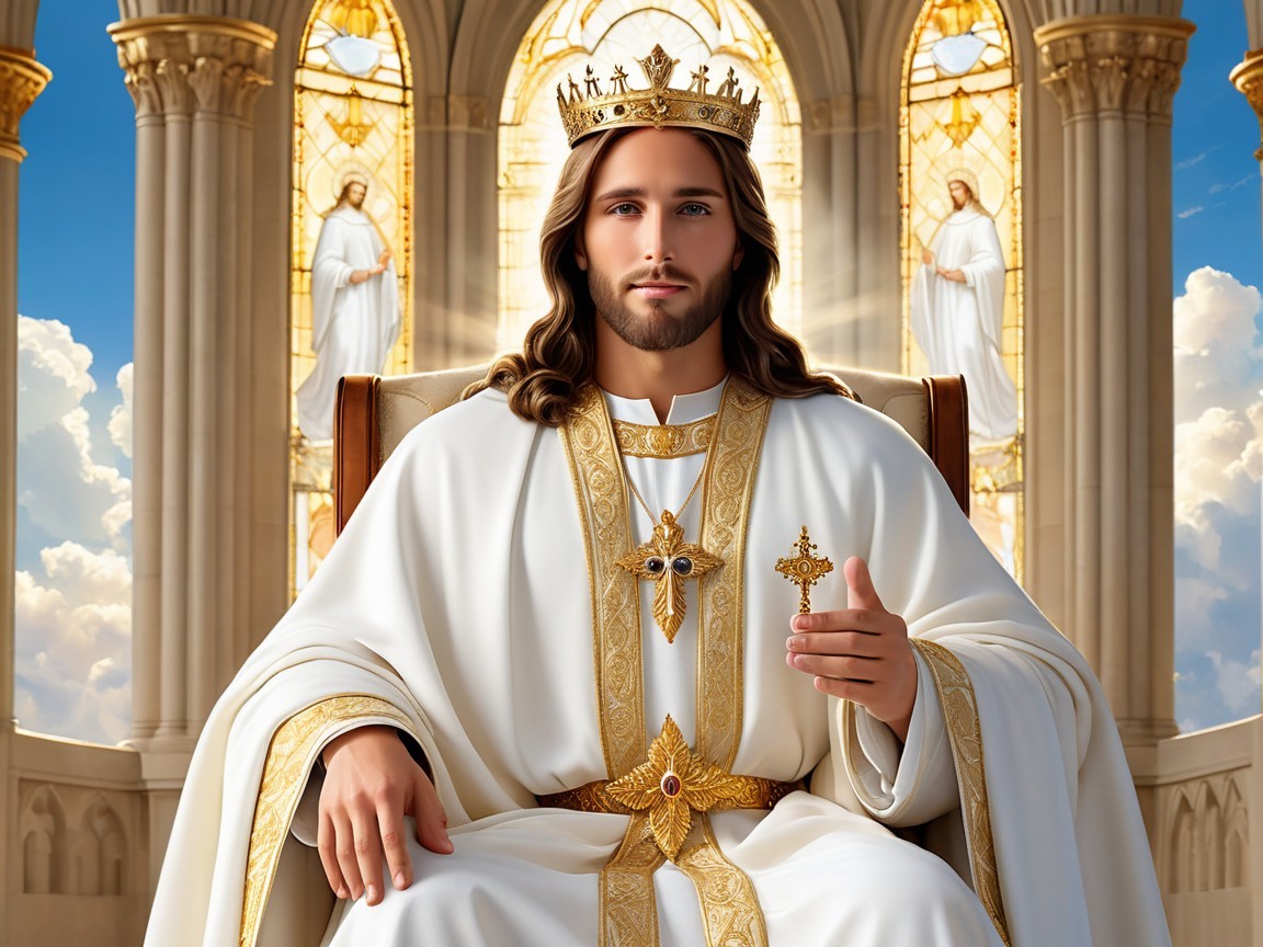 Serene Figure on Throne with Stained Glass Background