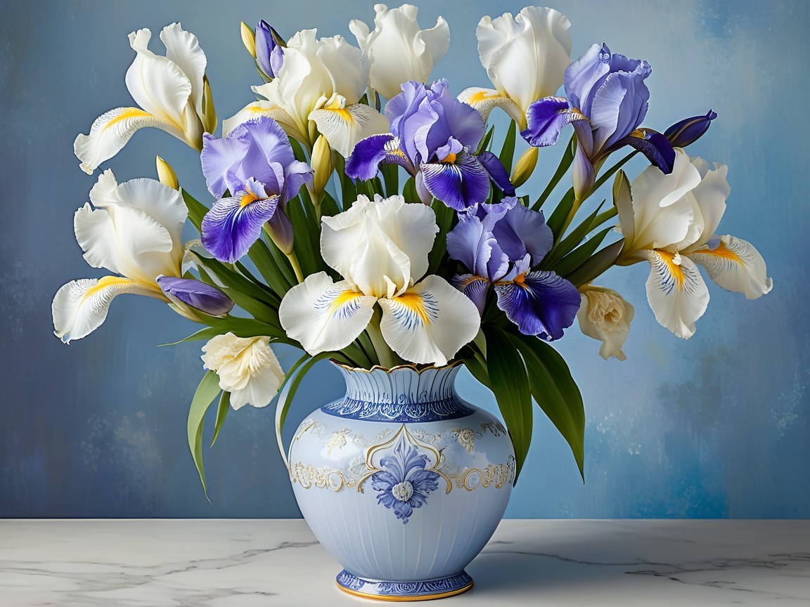 Irises in White and Purple in Decorative Blue Vase