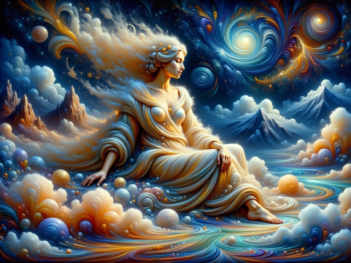 Ethereal Woman in Flowing Robes Amidst Cosmic Colors