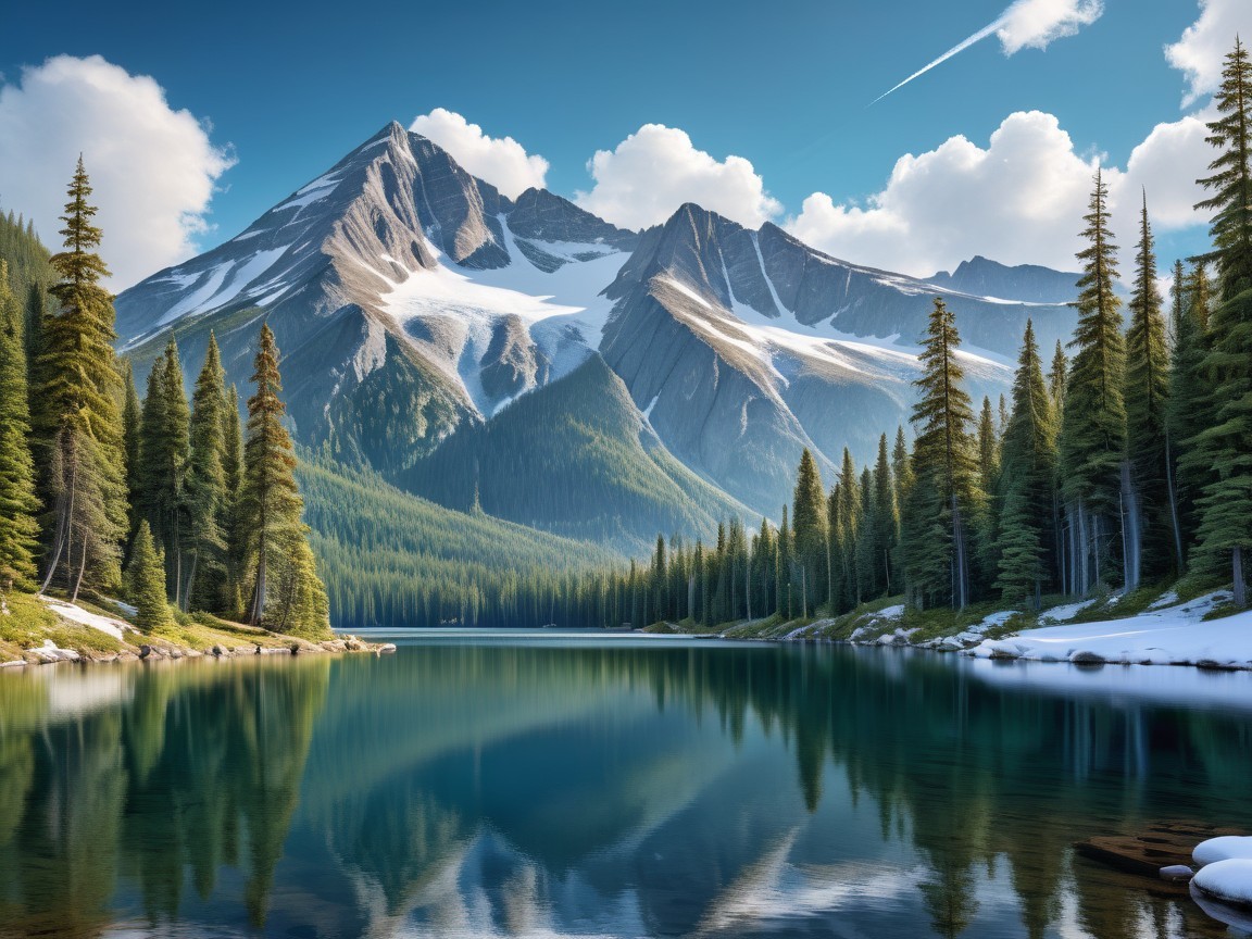 Tranquil Lake Surrounded by Evergreen Trees and Mountains