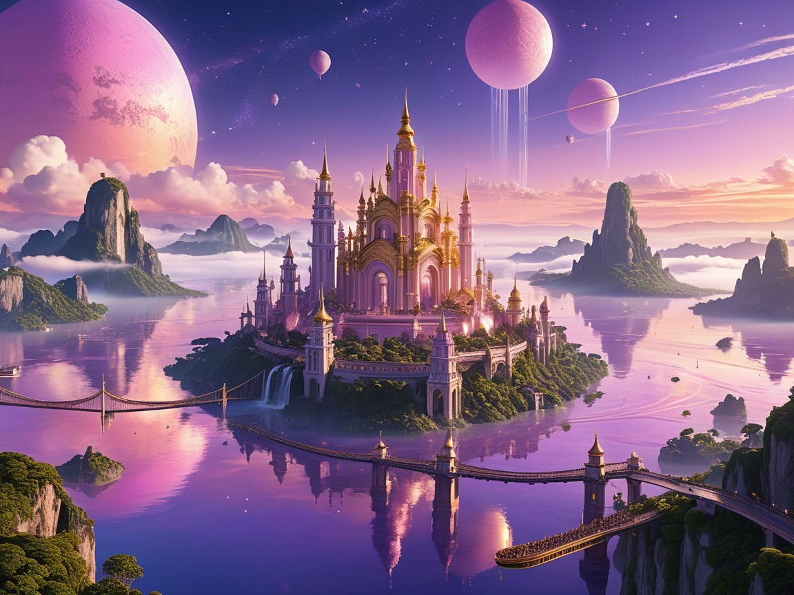 Majestic castle on a lush island with shimmering lake