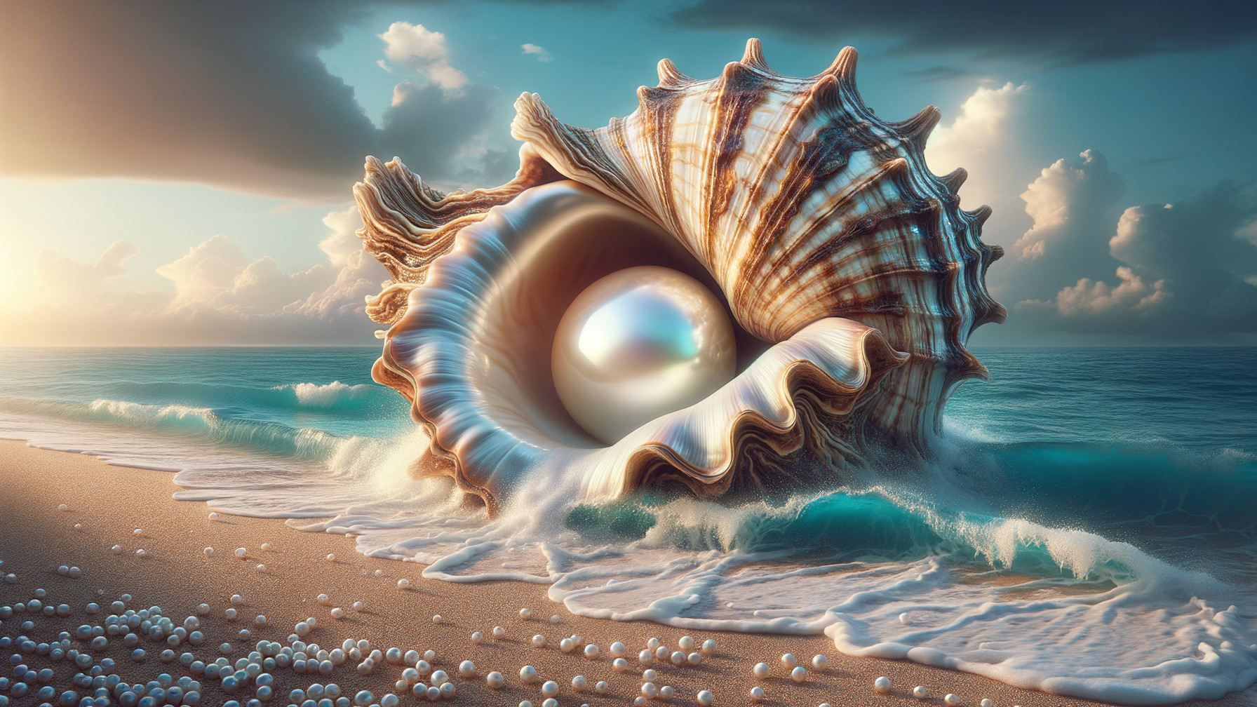 Giant seashell with pearl on a sandy beach scene