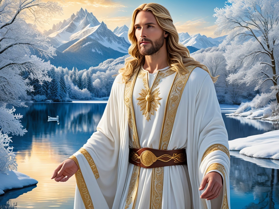 Serene Figure by Tranquil Lake in Winter Landscape