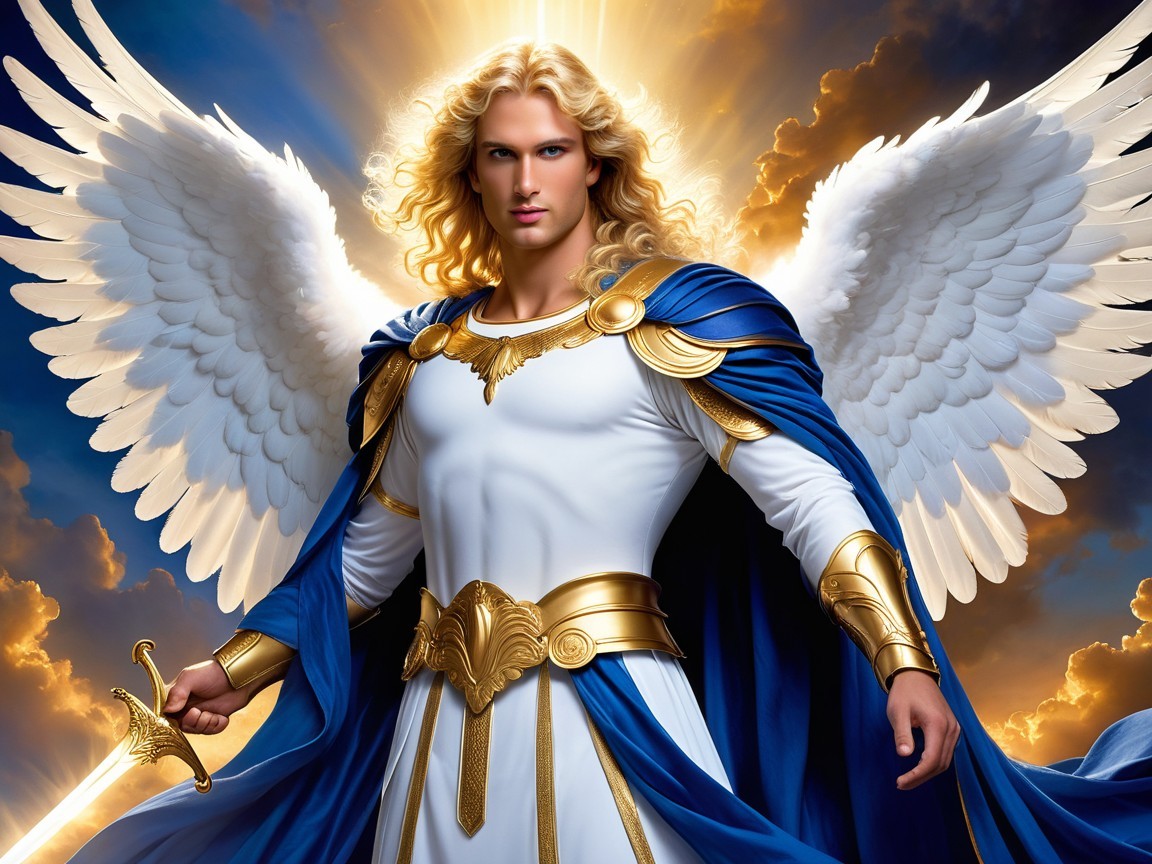 Majestic angel with white wings and golden accents