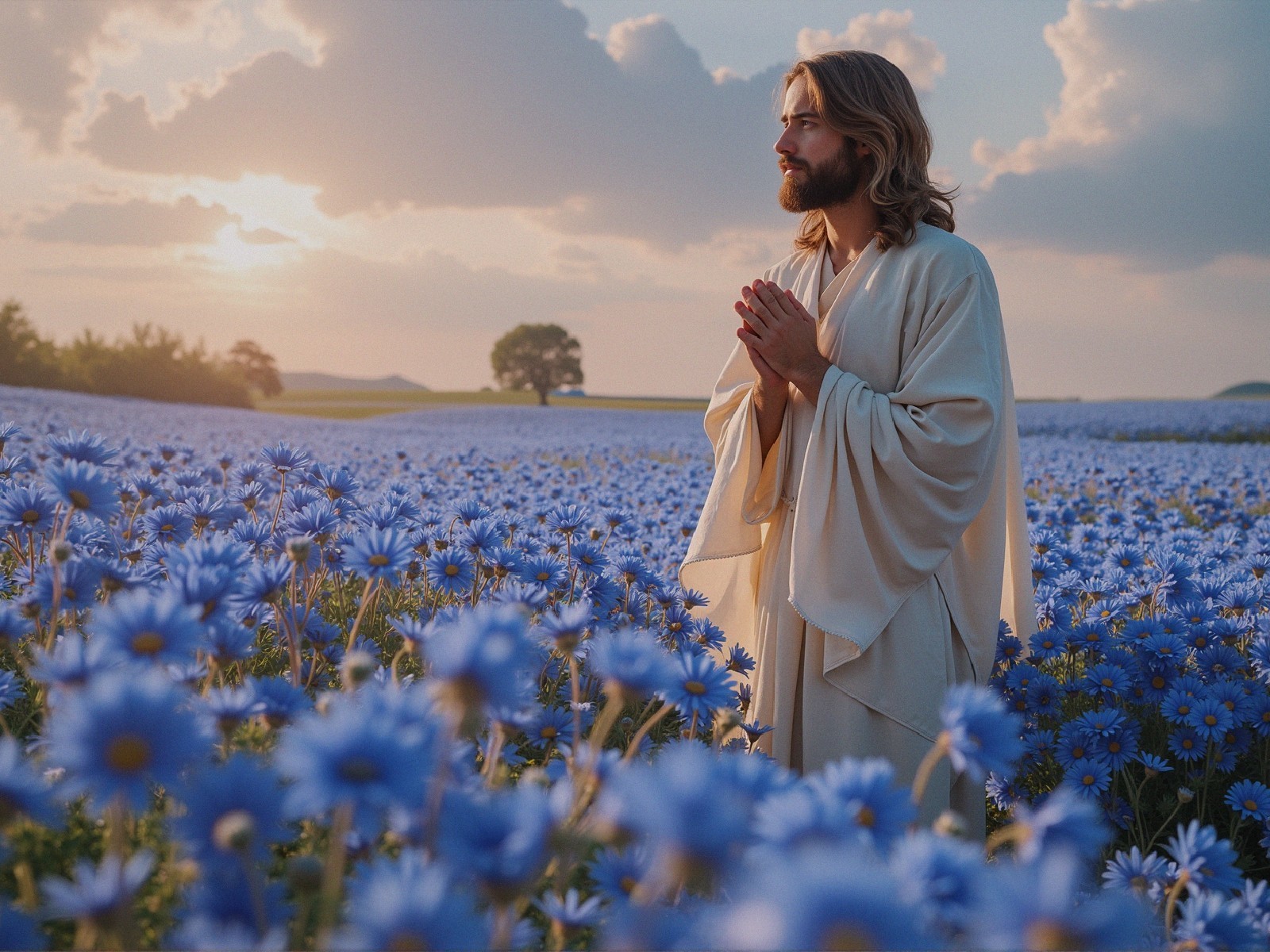 Jesus in a Field of Blue Flowers at Sunset