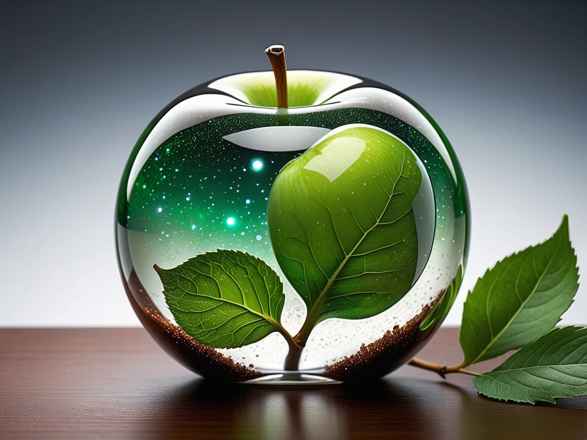 Glass Apple Sculpture with Galaxy Background and Leaves