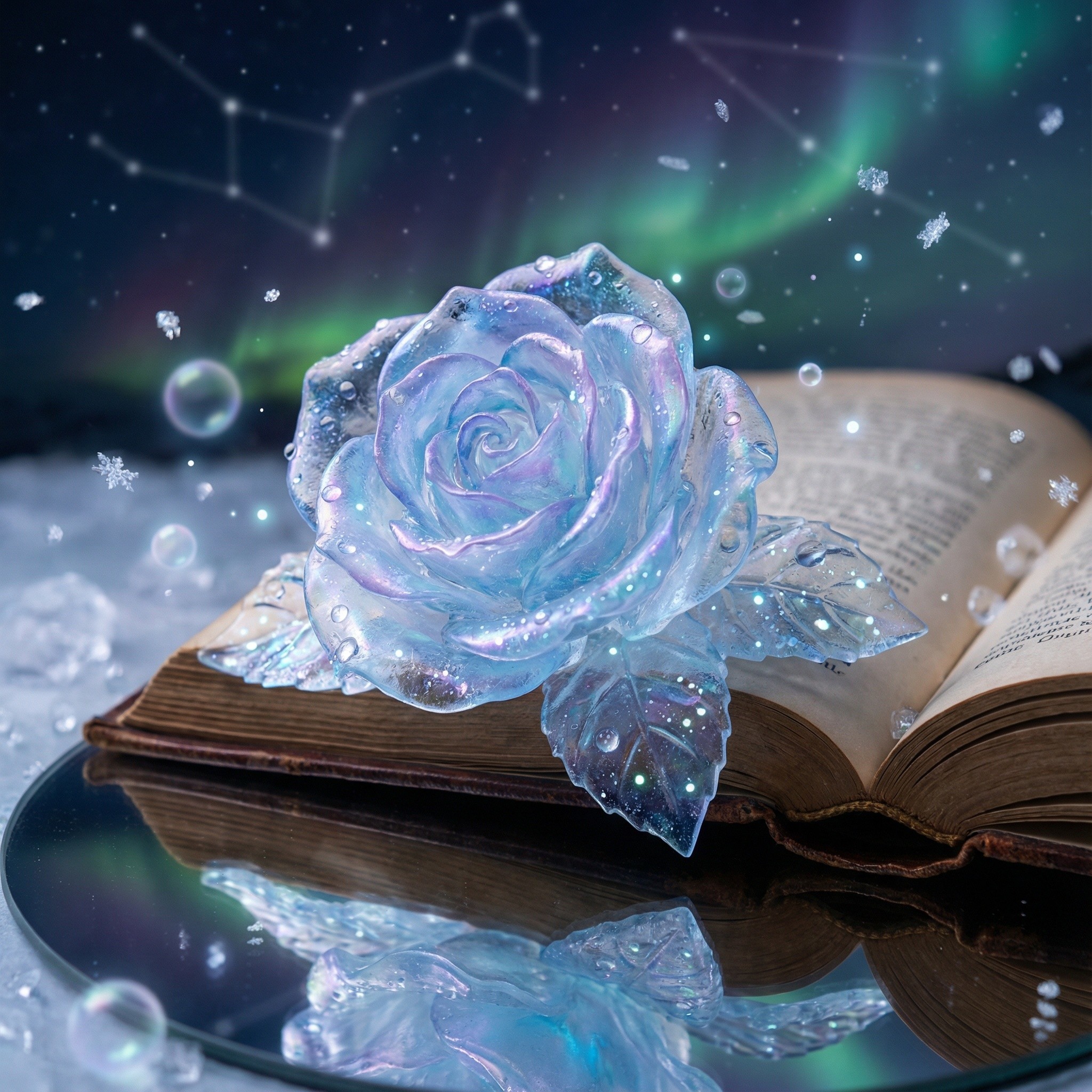 Crystalline Rose on Book with Aurora Borealis Background