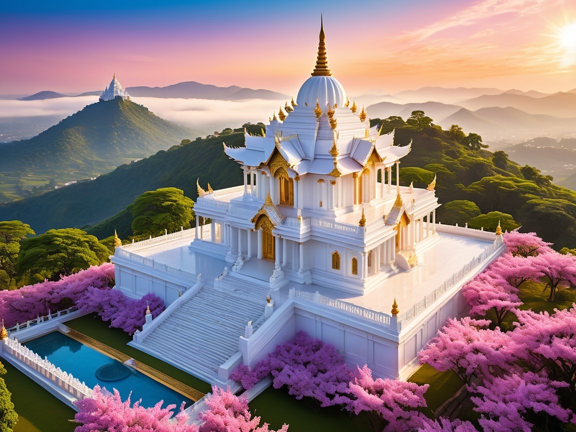 White Temple on Hillside Surrounded by Pink Blossoms
