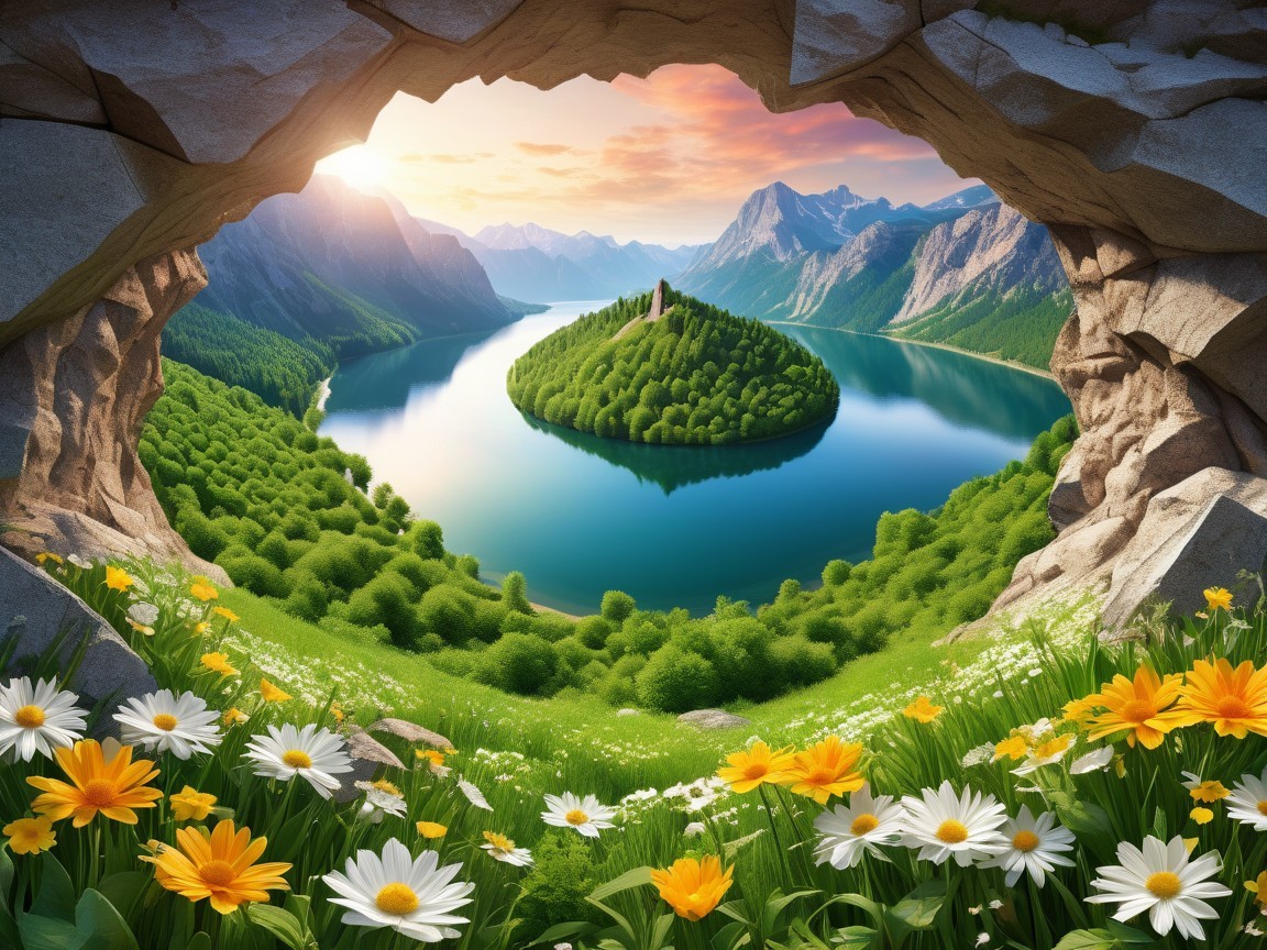 Surreal Landscape Framed by a Cave Opening