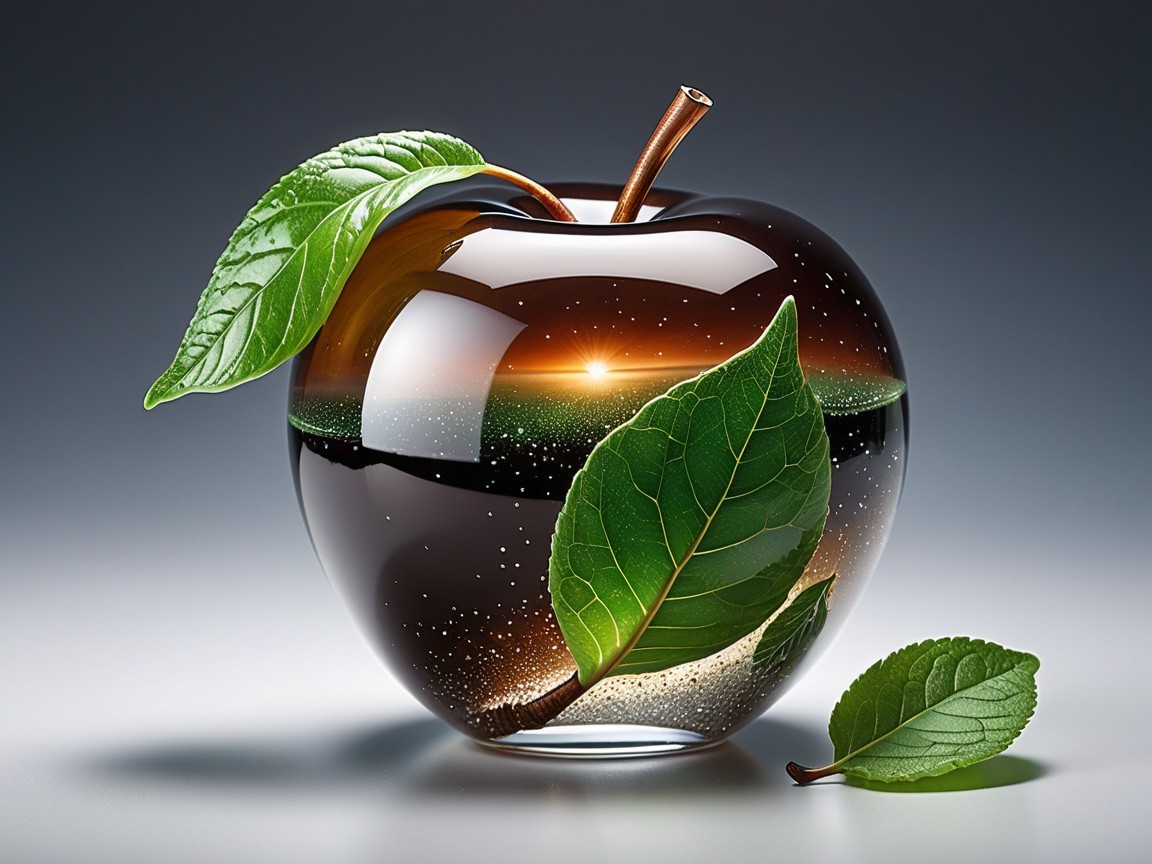 Elegant Glass Apple with Sunset Gradient and Leaves