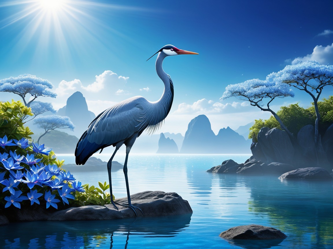 Heron by Water with Mountains and Vibrant Flowers