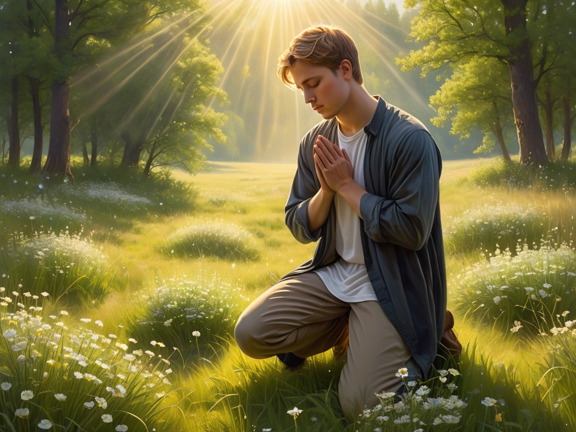 Young man in sunlit meadow reflecting in nature