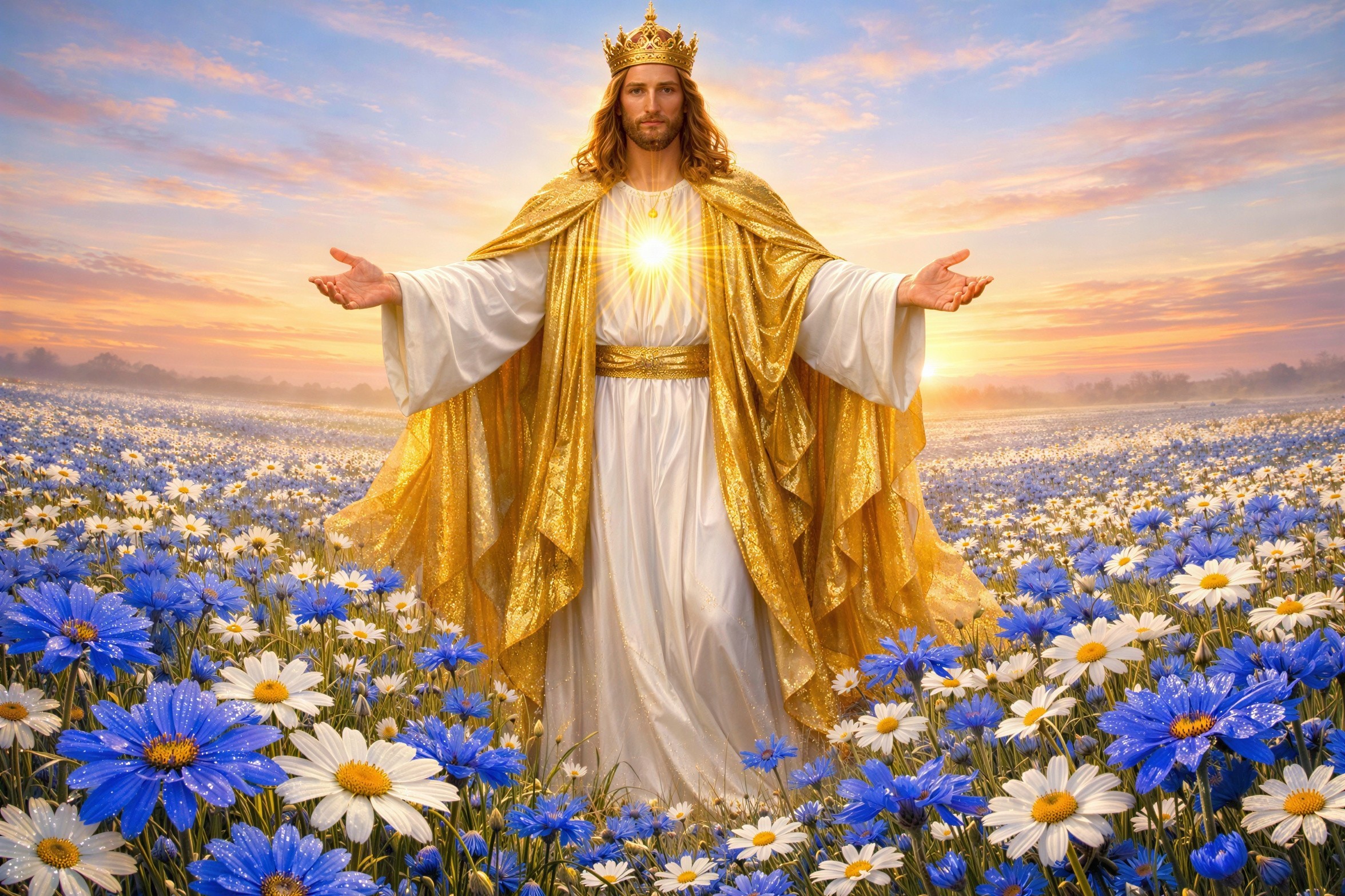 Full-body portrait of Jesus in a flower field
