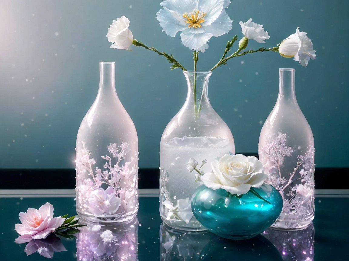Elegant Glass Vases with White Flowers and Motifs