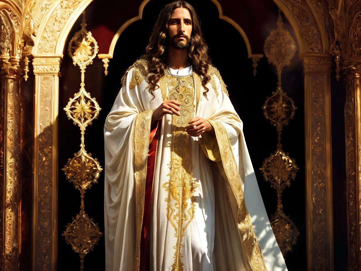 Regal Figure in Ornate White Robe in Opulent Setting