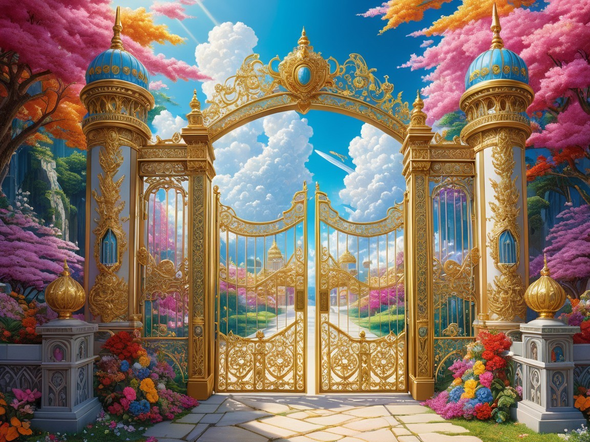 Golden gate surrounded by vibrant floral landscape