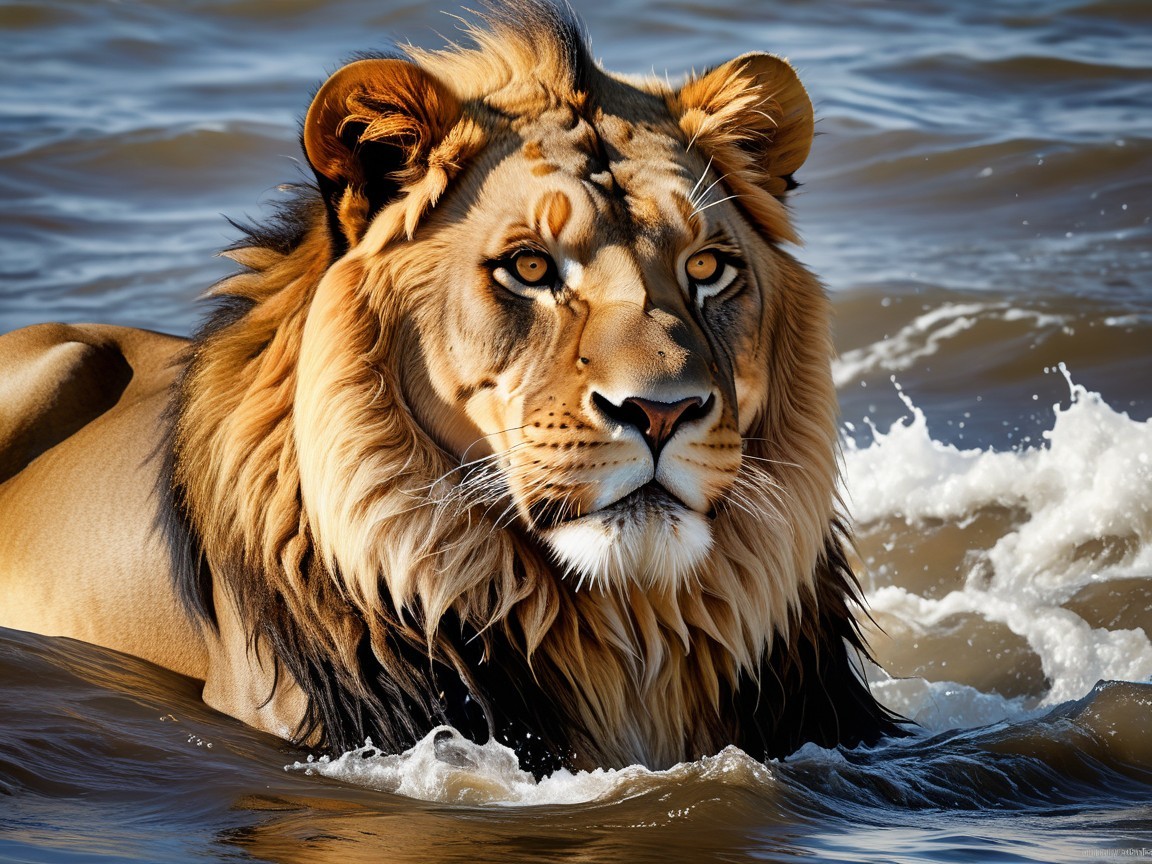 Majestic lion in shallow water with golden mane