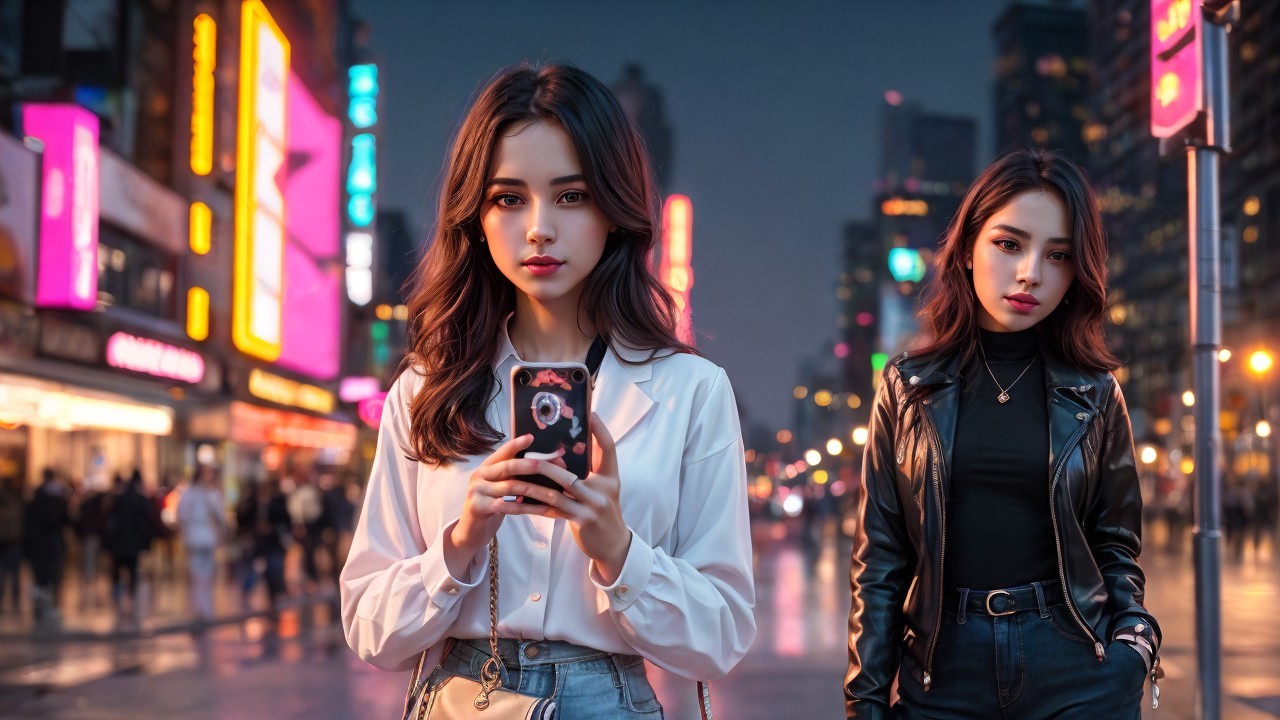 Stylish Young Women Under Vibrant City Lights at Night