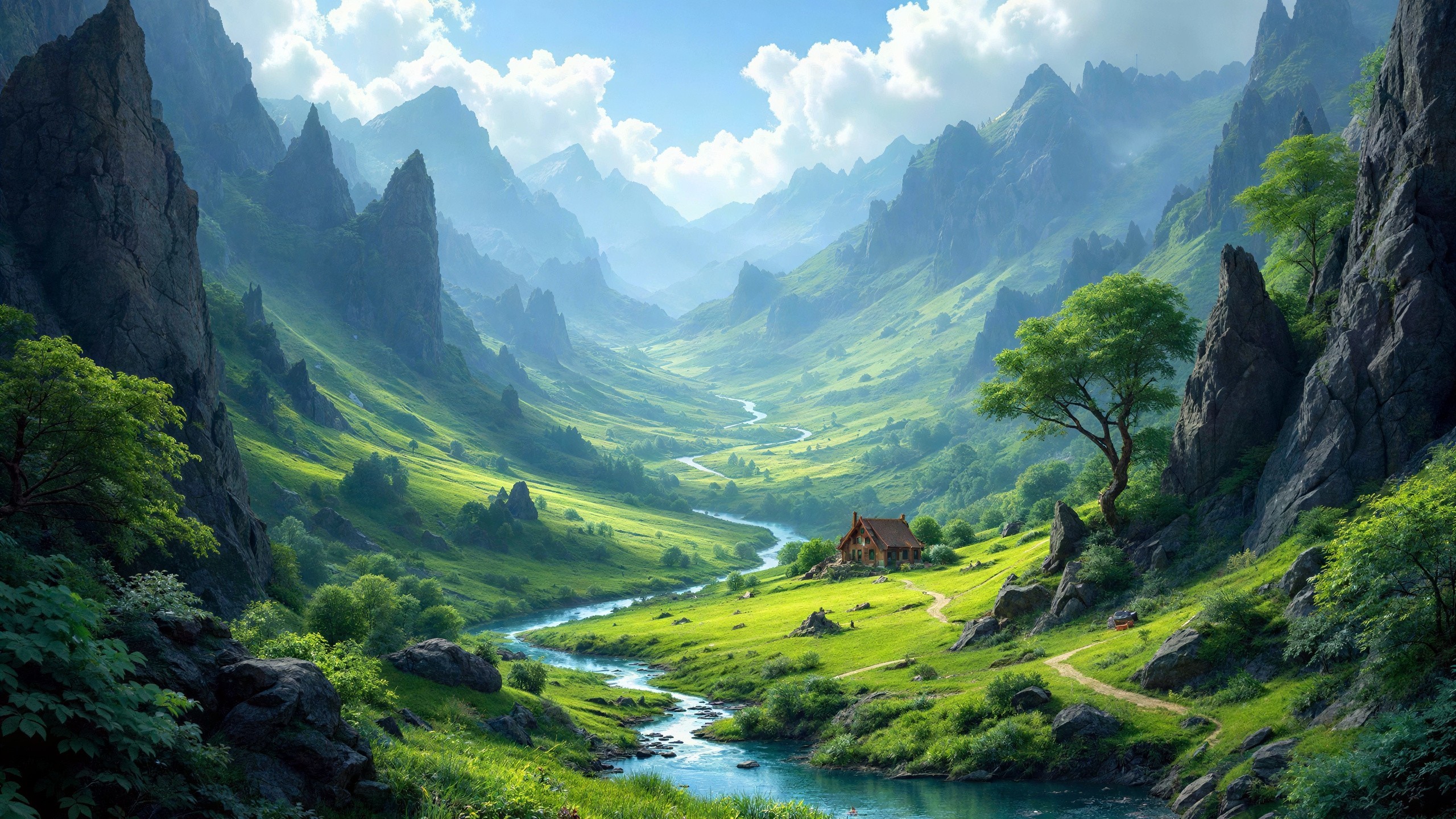 Serene Mountain Valley with River and Rustic Cabin