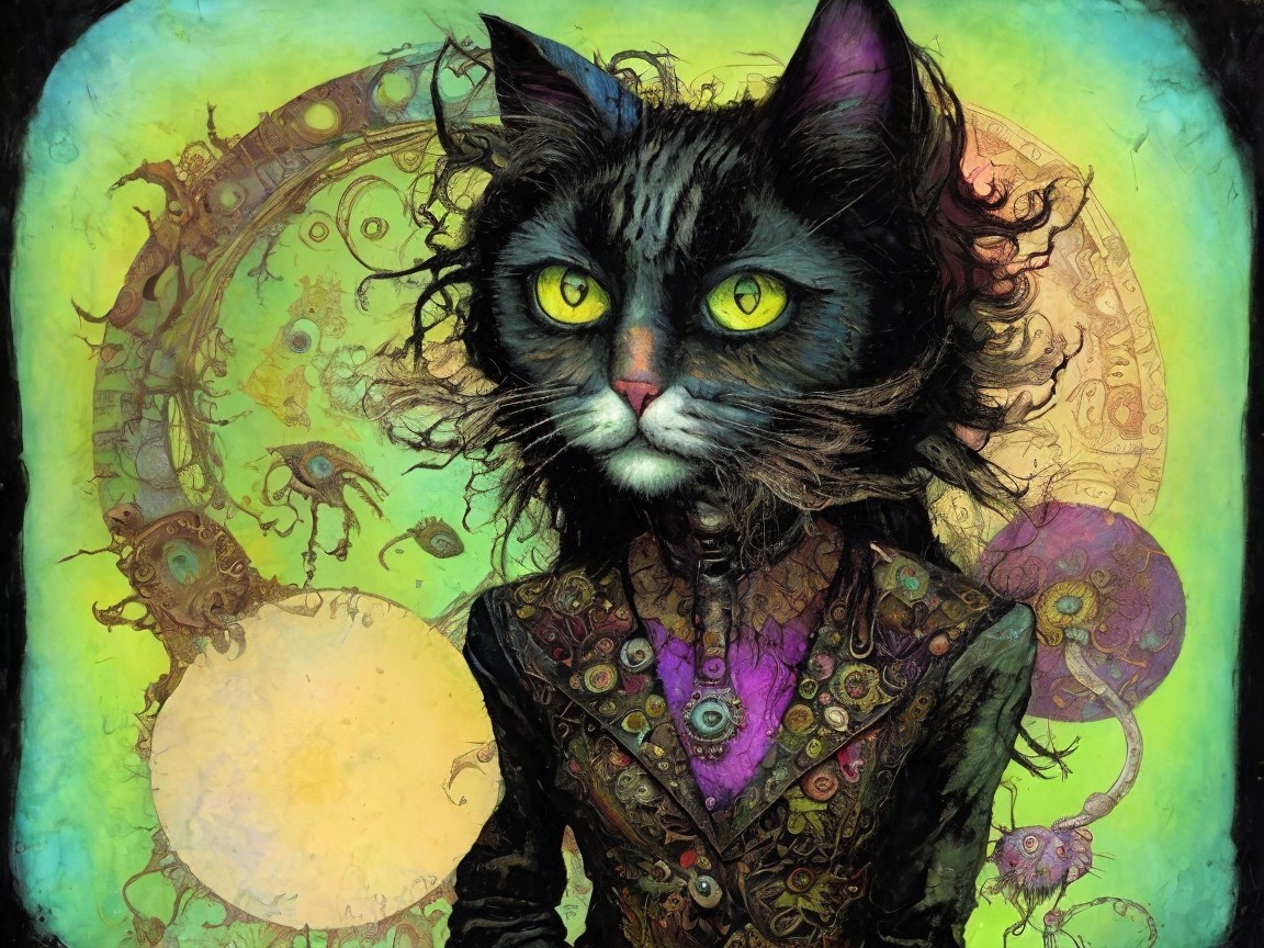 Whimsical Black Cat in Formal Jacket with Abstract Background