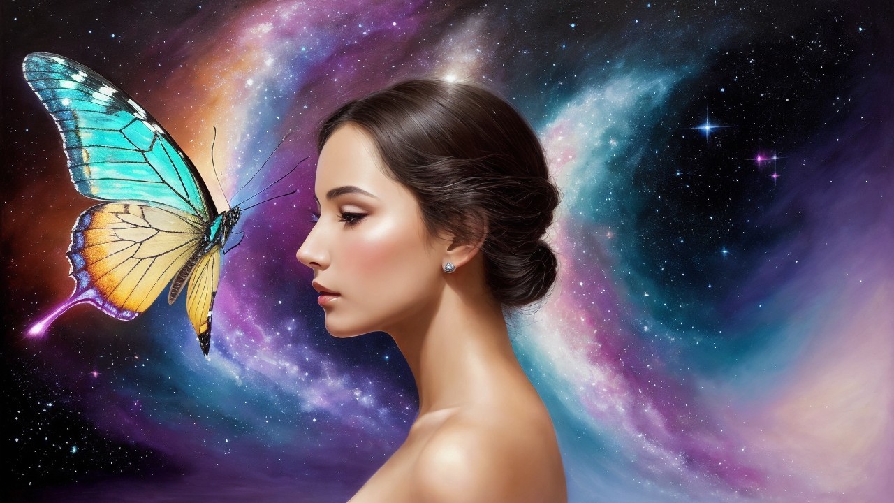 Profile of a Woman Against Cosmic Background and Butterfly