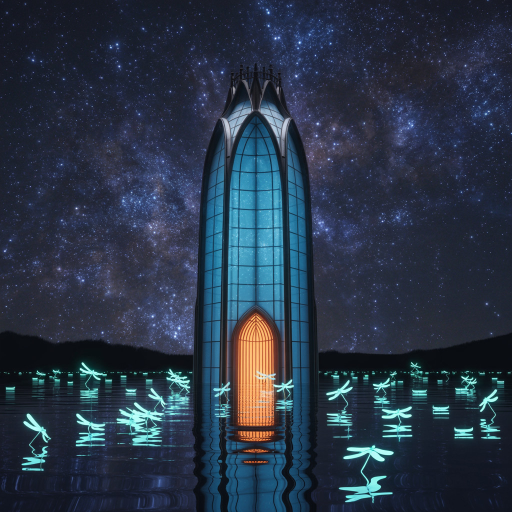 Futuristic Tower by Tranquil Water Under Starry Sky