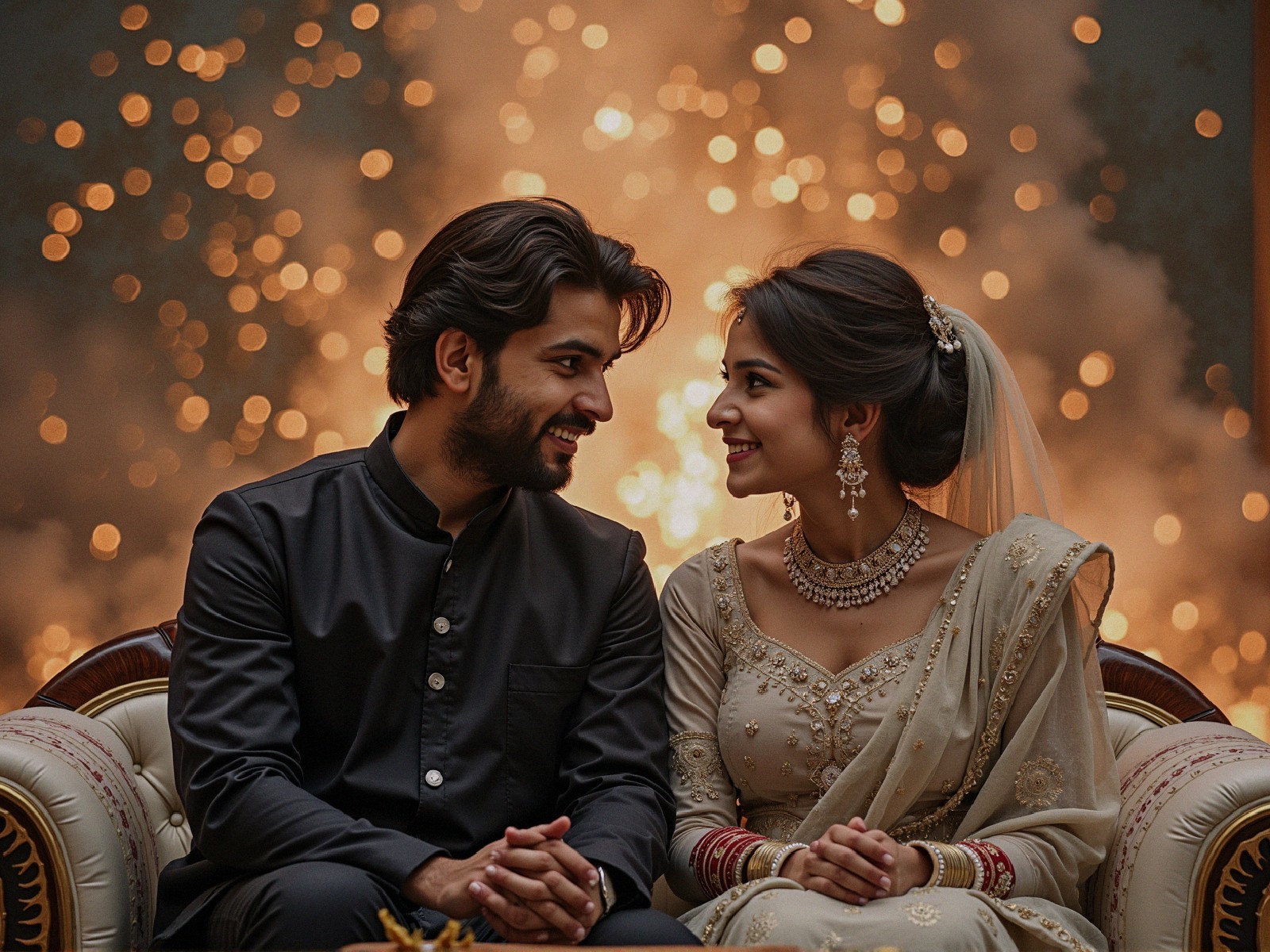Joyful Couple on Lavish Sofa in Romantic Setting