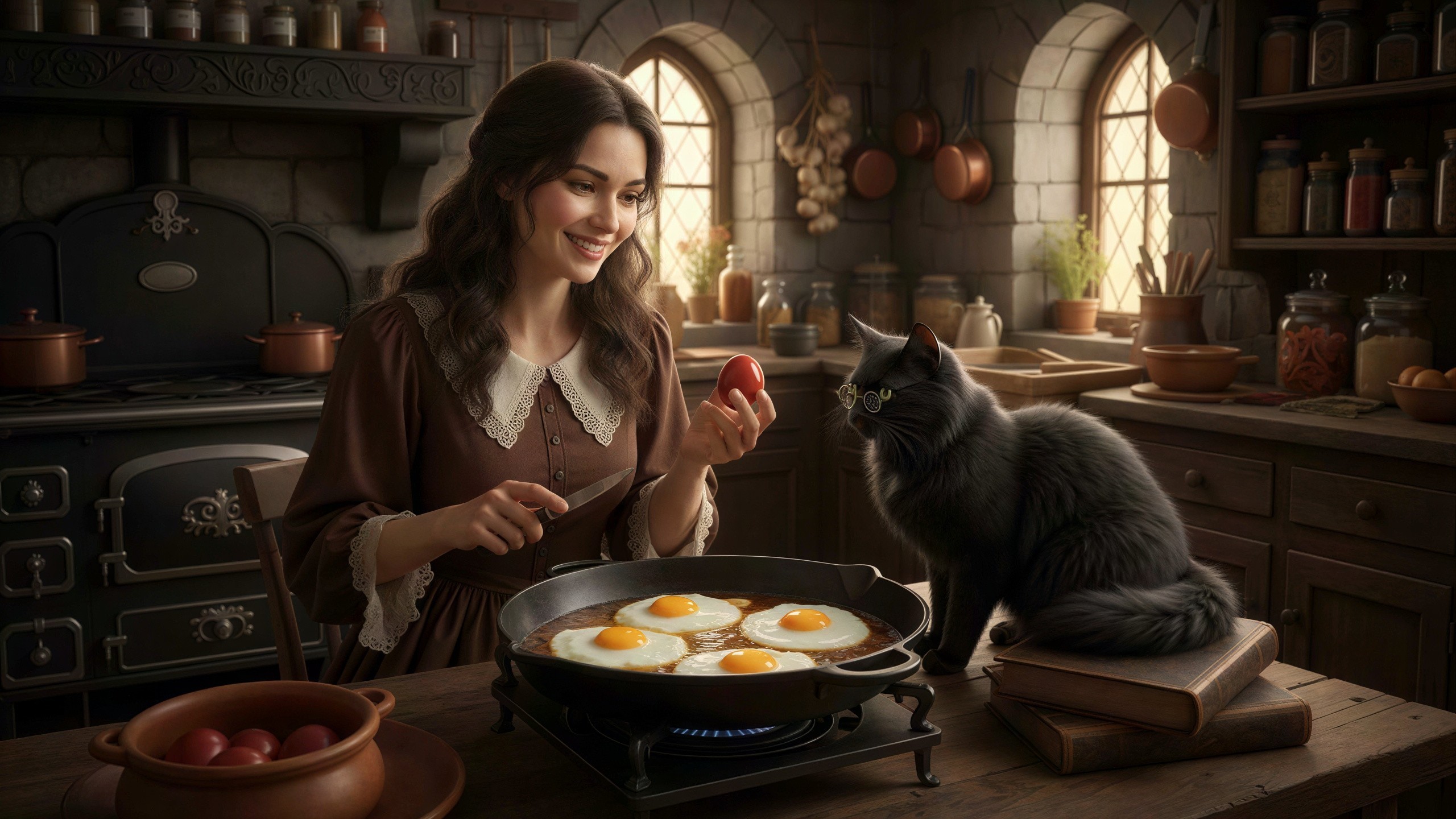Young Woman in Rustic Kitchen with Cat and Fried Eggs
