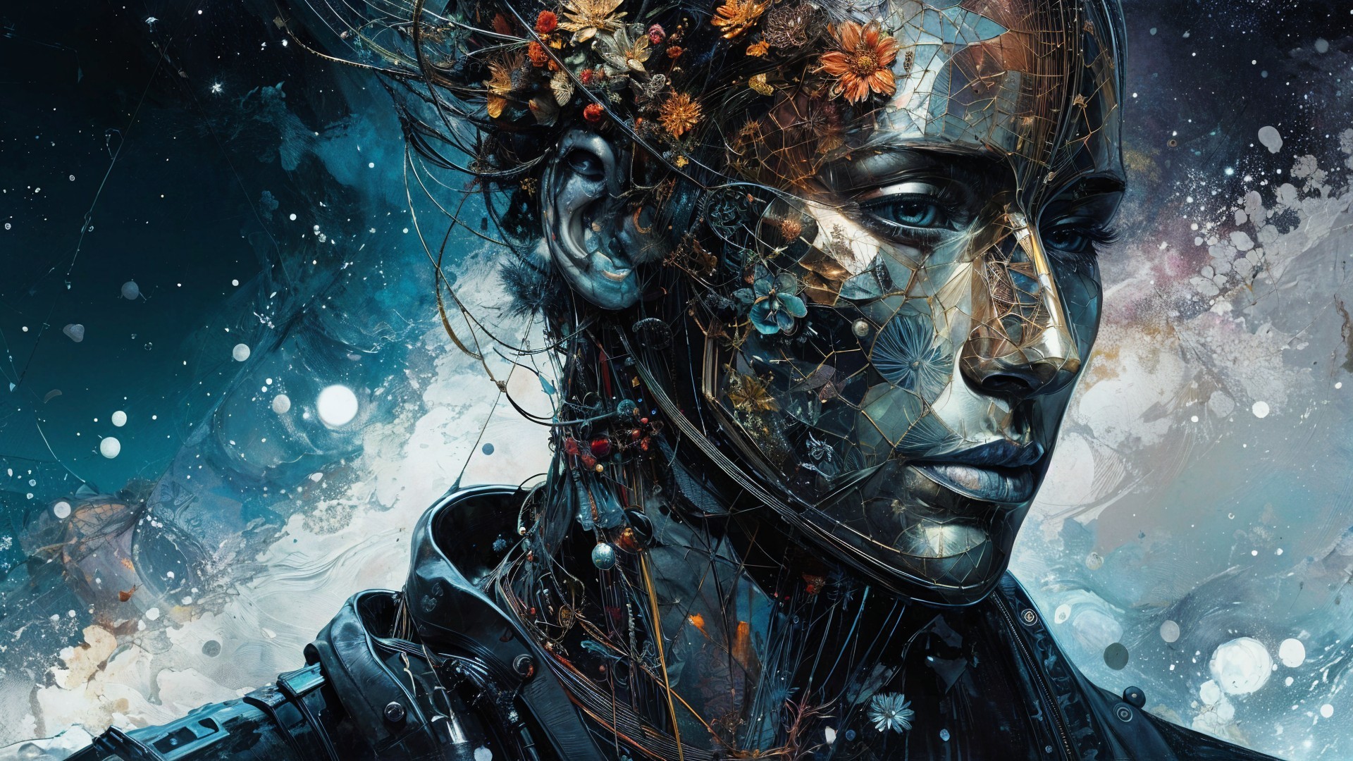 Futuristic Humanoid with Metallic Face and Flowers