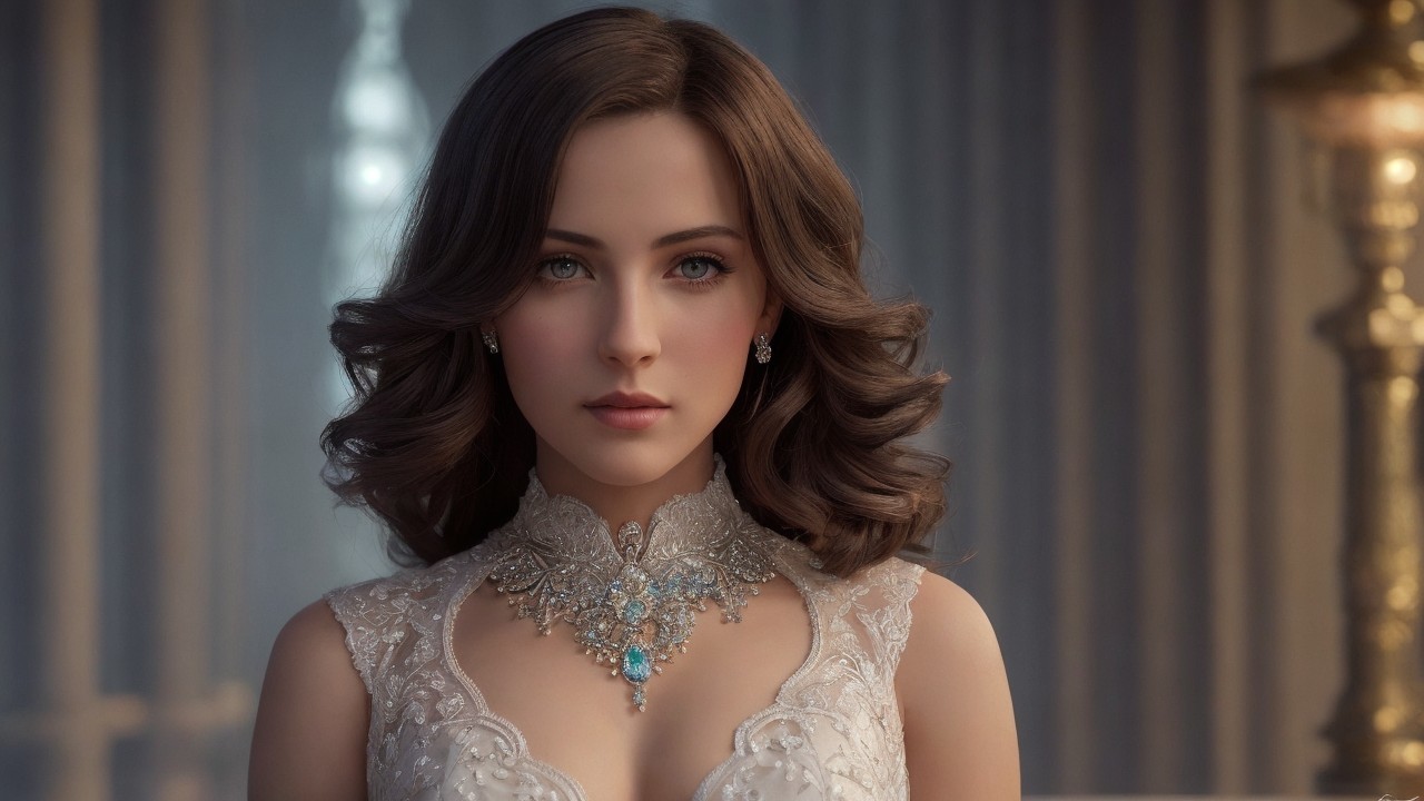 Elegant young woman in white gown with blue accents