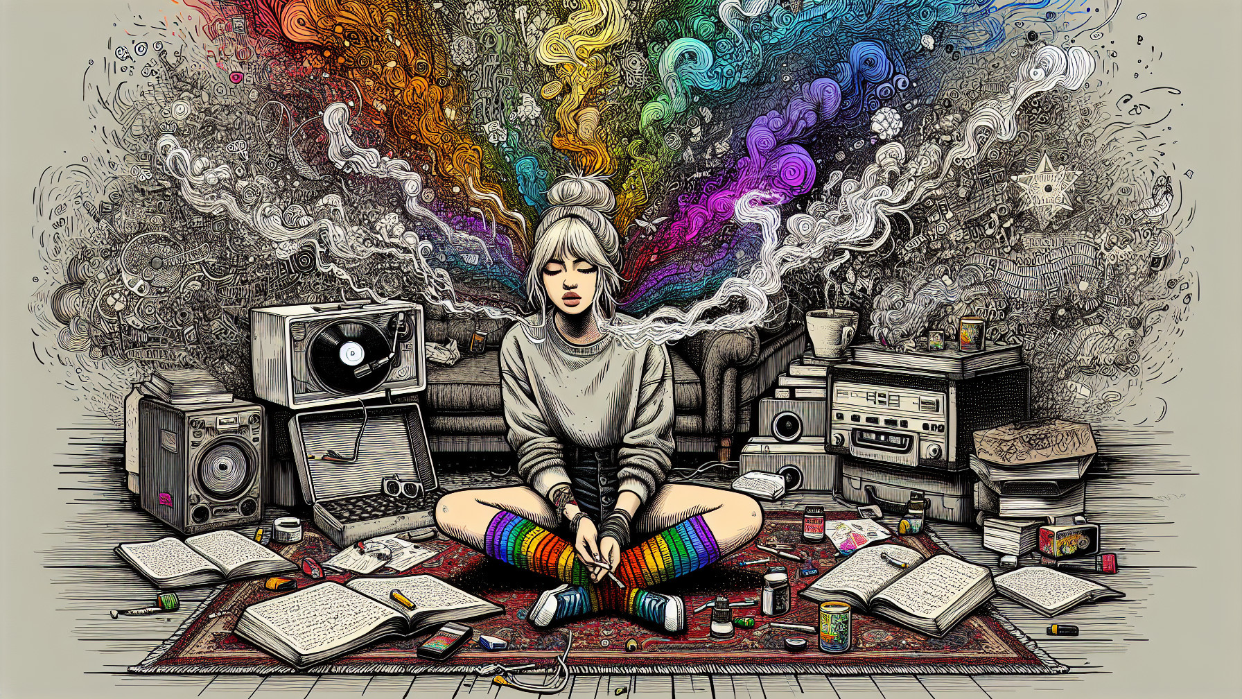 Abstract Art of a Woman Meditating on Red Carpet