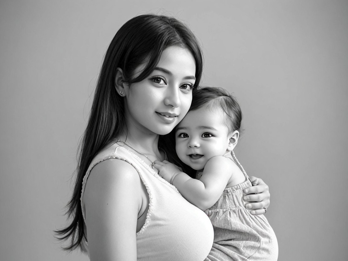 Monochrome Portrait of Mother and Smiling Baby