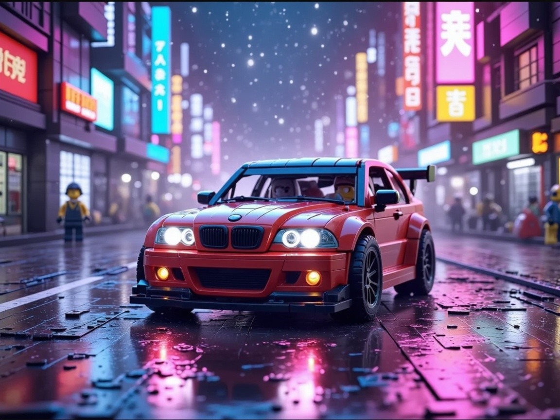 LEGO Model of Red BMW in Vibrant Urban Scene