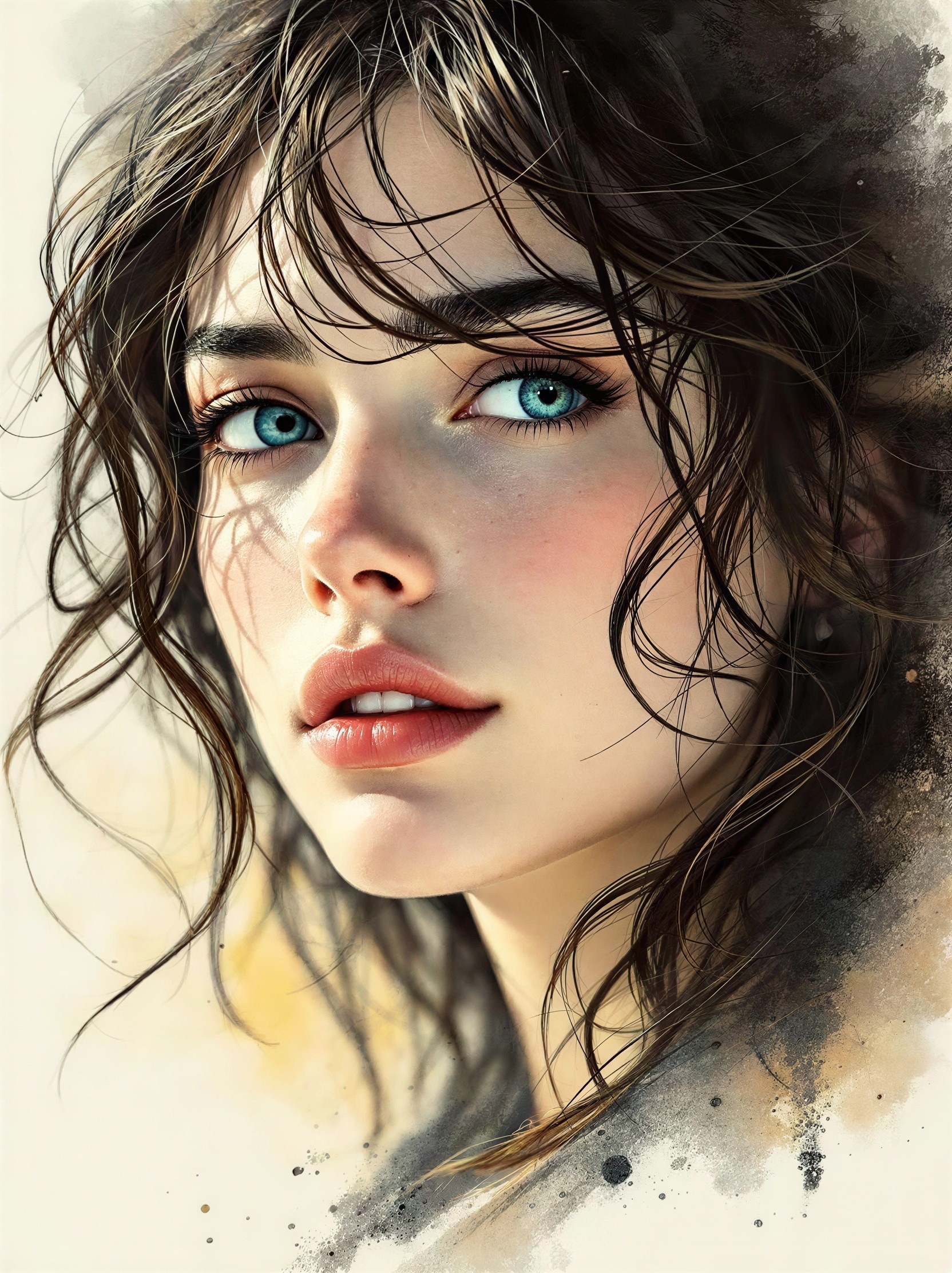 Close-up portrait of a young woman with blue eyes