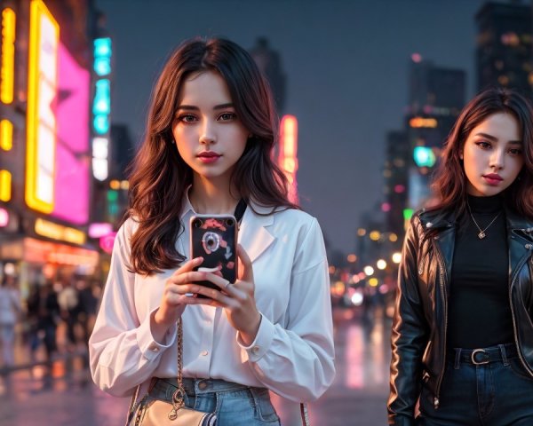 Stylish Young Women Under Vibrant City Lights at Night