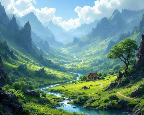 Serene Mountain Valley with River and Rustic Cabin