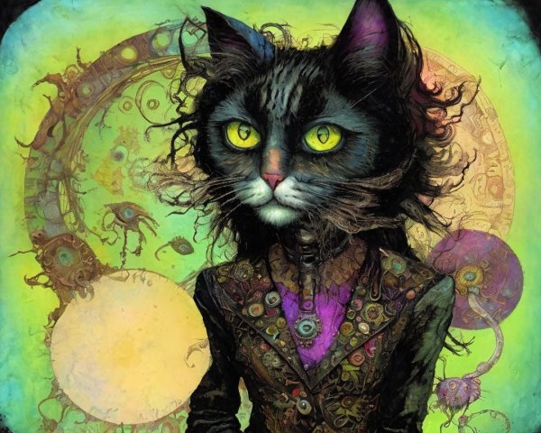 Whimsical Black Cat in Formal Jacket with Abstract Background