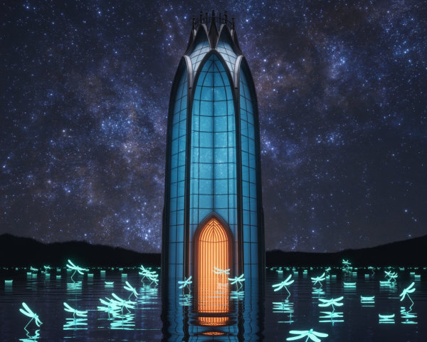 Futuristic Tower by Tranquil Water Under Starry Sky